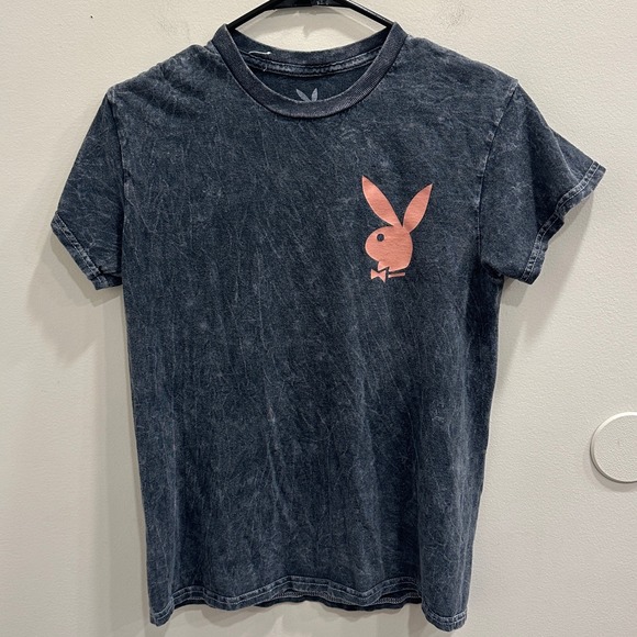 PLAYBOY Tops - Playboy Acid Wash Graphic T-Shirt Gray Pink Bunny Logo Short Sleeve Small Grunge